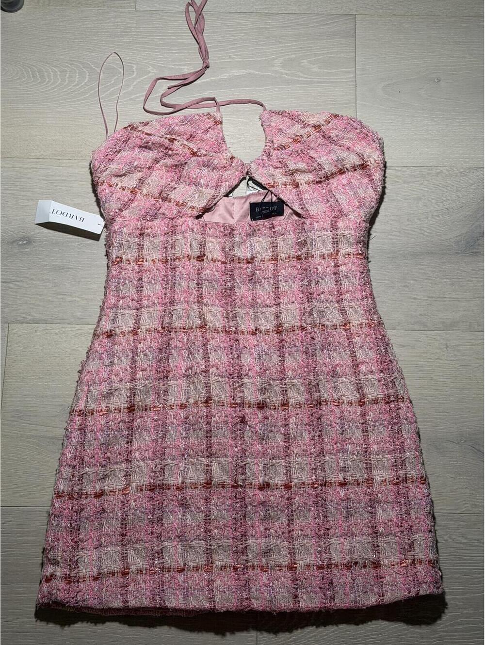 Bardot Pink Tweed Mini Dress Halter Bow Neck Textured Size M NWT AU10 US6